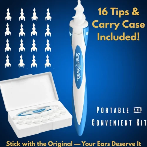 smart swab ear cleaning kit opened in case with handle and 16 spiral tips