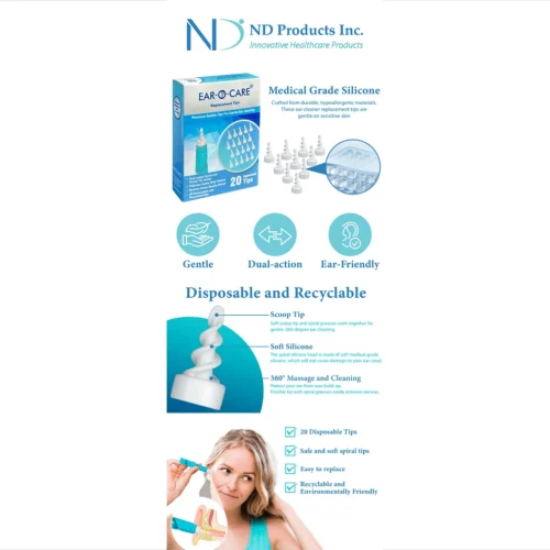 ear-o-care banner showing ear cleaning kit, replacement tips, and woman using the tool