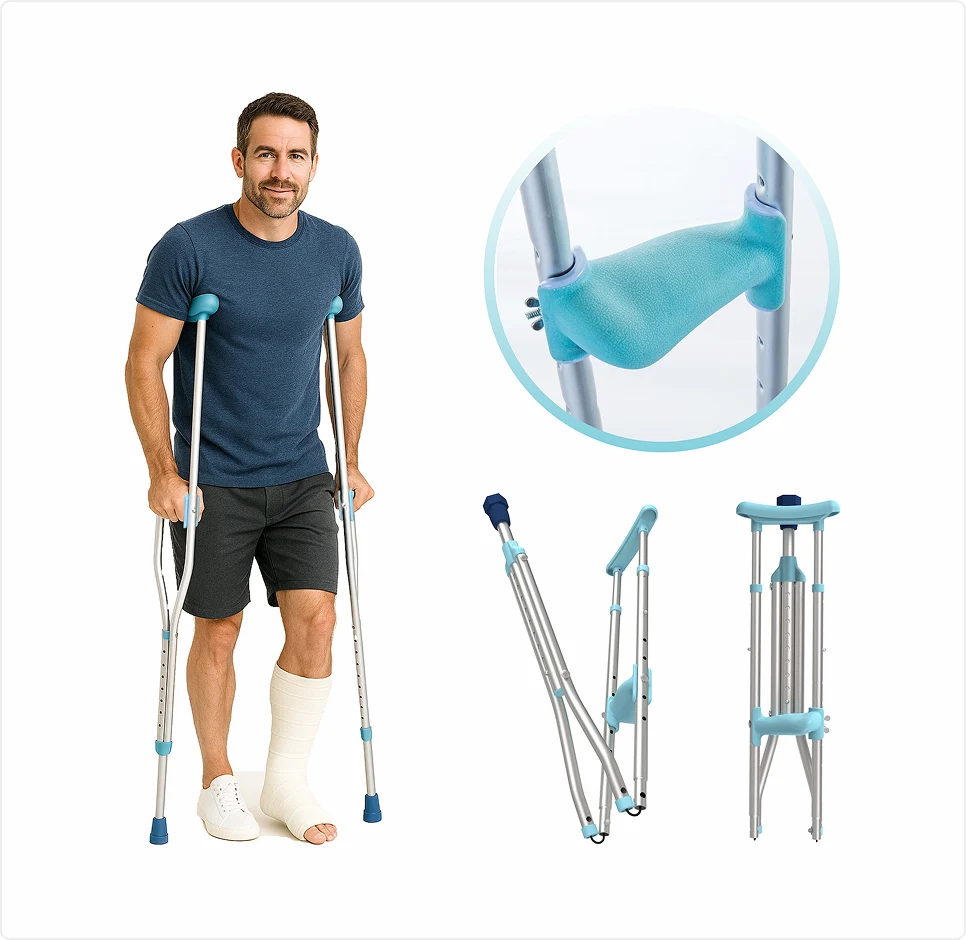 man using ergowalk ergonomic crutch with folded crutch beside him and zoomed view of ergonomic comfort