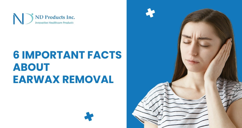Earwax removal education banner featuring woman with ear discomfort.
