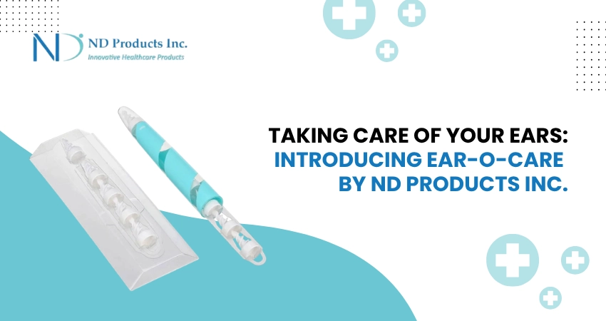 Banner showcasing Ear-O-Care device and refill cartridges for ear hygiene care.