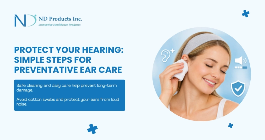 Woman gently wiping ear with cloth in banner about simple preventive ear care steps.