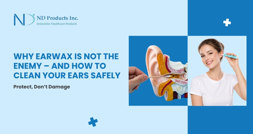 Banner comparing ear buds as unsafe and Ear-O-Care as a safer ear care solution.