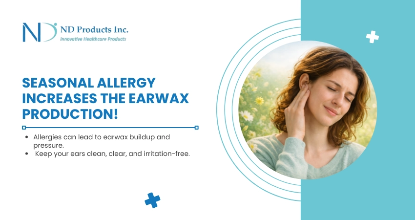 Medical awareness banner explaining allergy-related earwax increase.